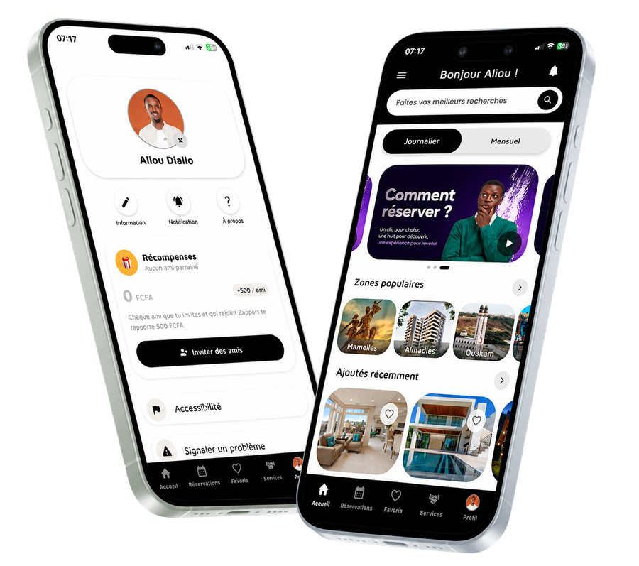 Aperçu de l'application ZappArt, écrans profil et accueil